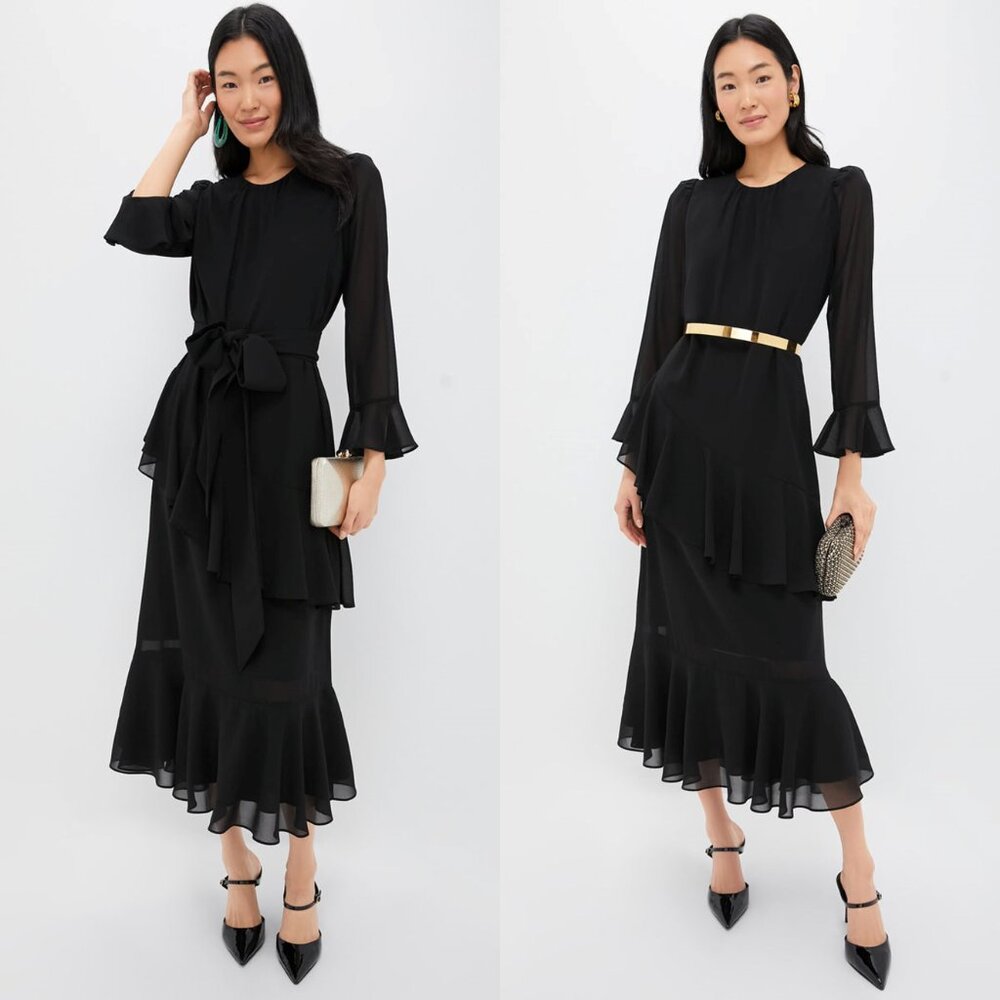 Tuckernuck Black Midi Ruffle-Skirt Dress
